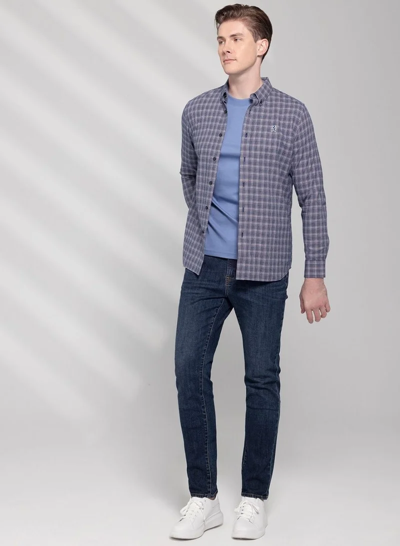 جيوردانو قميص أكسفورد قطني رجالي بتطريز أسد صغير، قصة ضيقة، بأزرار كاملة