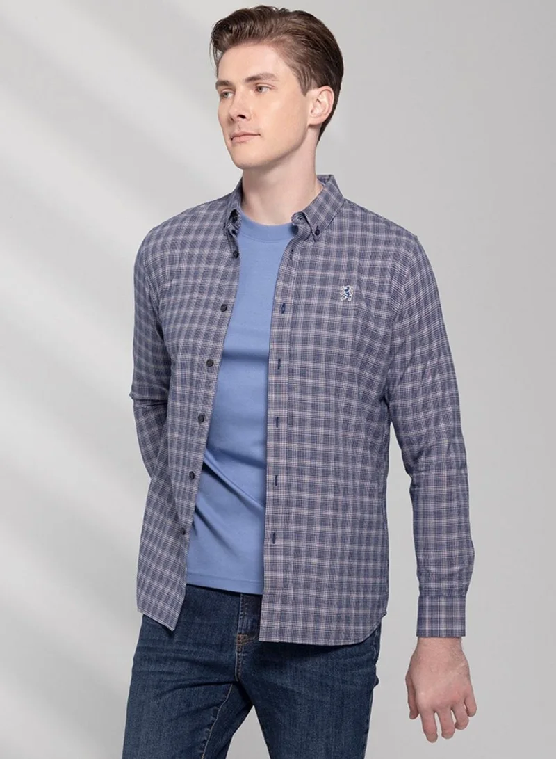 Men's Cotton Oxford Shirt - Small Lion Embroidery, Slim Fit, Full Button