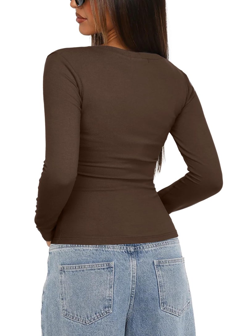 Darong Womens Basic T-Shirts Crew Neck Long Sleeve Tops Cute Fall Tops Slim Fit Tees Y2k Clothing 2025 9067 Coffee M - Image 2