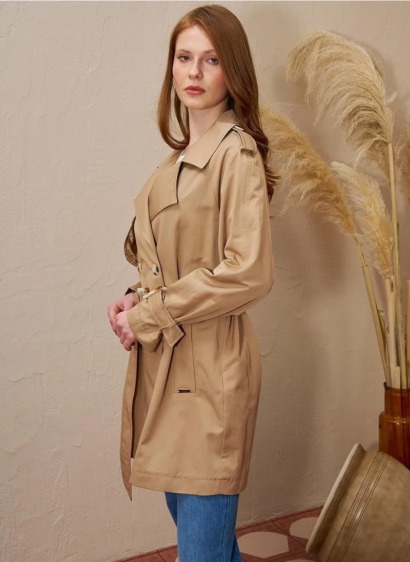 Kayra Epaulette Detailed Double Breasted Trench Coat Beige