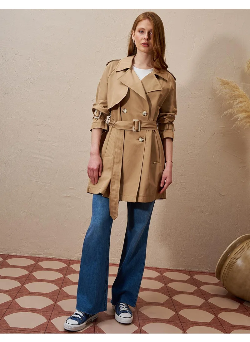 Kayra Epaulette Detailed Double Breasted Trench Coat Beige