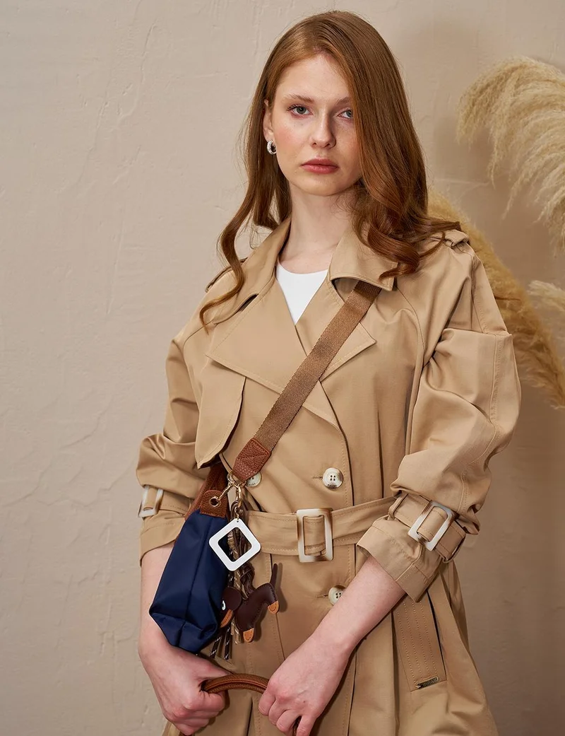 Kayra Epaulette Detailed Double Breasted Trench Coat Beige