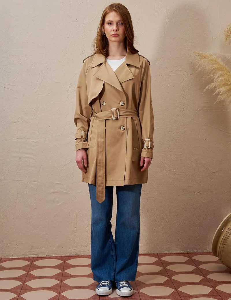 Kayra Epaulette Detailed Double Breasted Trench Coat Beige