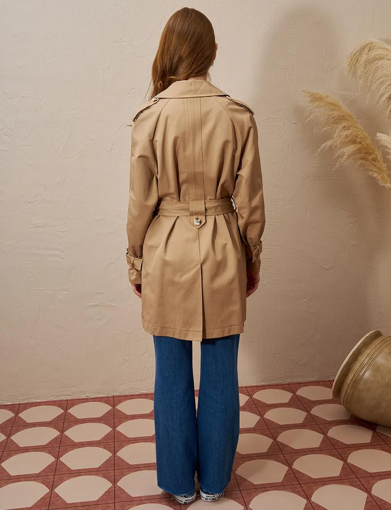 Kayra Epaulette Detailed Double Breasted Trench Coat Beige