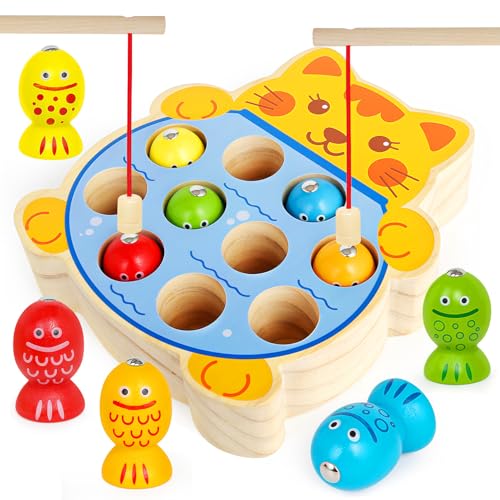 FQKIOMY Montessori Magnetic Wooden Fishing Game for Kids 3 Fine Motor Skills Toys Learning Color Sorting Hand Eyes Coordination Easter Basket Stuffers for Toddlers Boys Girls - Image 1