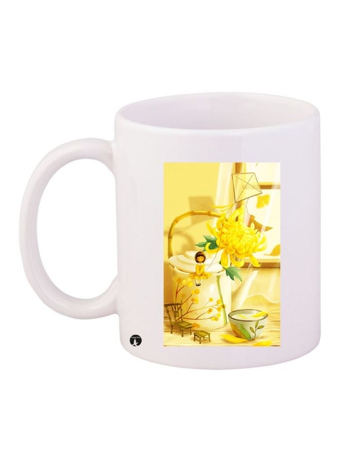 RYN Floral Printed Coffee Mug White/Yellow/Brown 11ounce