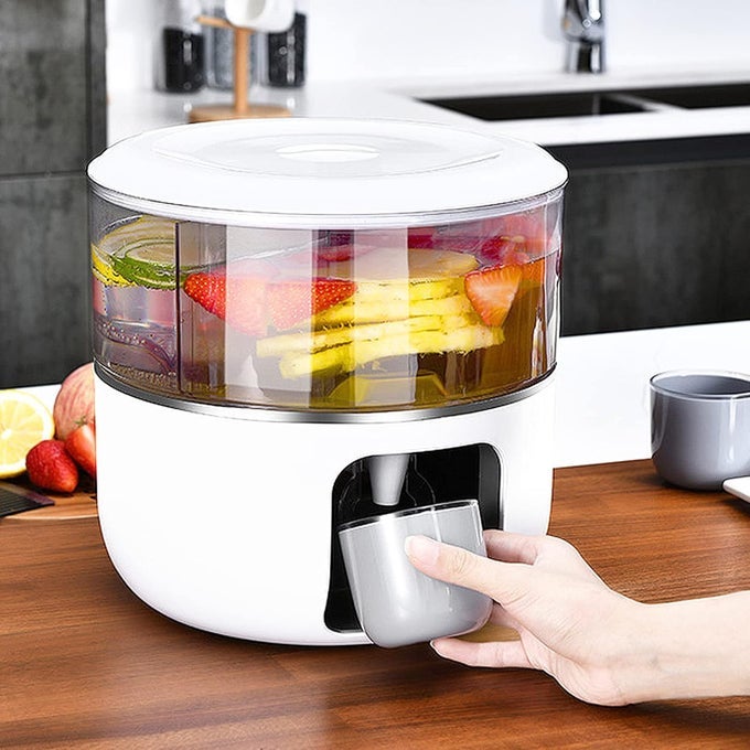 3 CHAMBERS BEVERAGE KETTLE ROTATING WITH LEAKPROOF SPIGOTMILK LEMONADE DISPENSER JUICE CONTAINERSMINI WATER DISPENSE FRUIT TEAPOT MILK BUCKET DRINK CONTAINER FOR KITCHEN HOME PARTY BAR