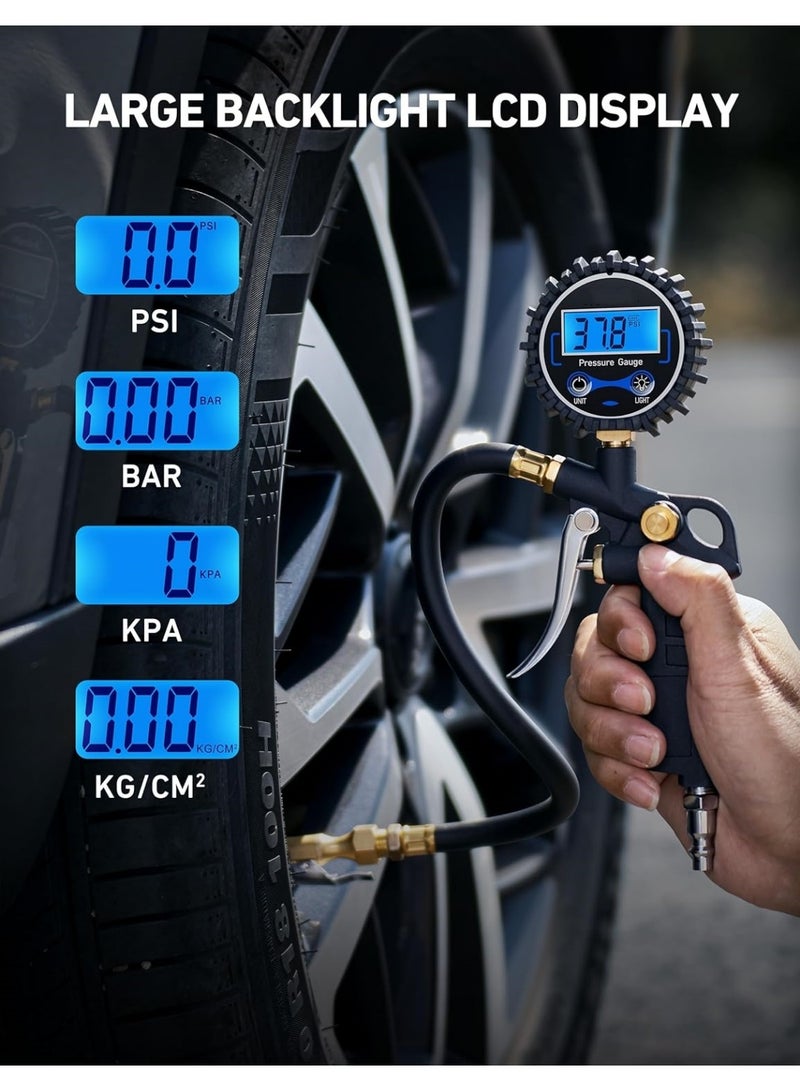 Digital Tire Pressure Gauge with Inflator, 3-250 PSI Air Chuck  Compressor Accessories Heavy Duty with Quick Connect Coupler, 0.1 Display Resolution, 1pack - Image 4