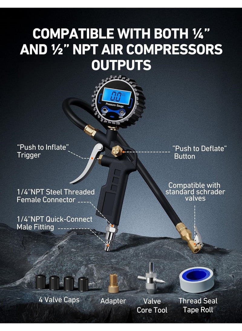 Digital Tire Pressure Gauge with Inflator, 3-250 PSI Air Chuck  Compressor Accessories Heavy Duty with Quick Connect Coupler, 0.1 Display Resolution, 1pack - Image 2