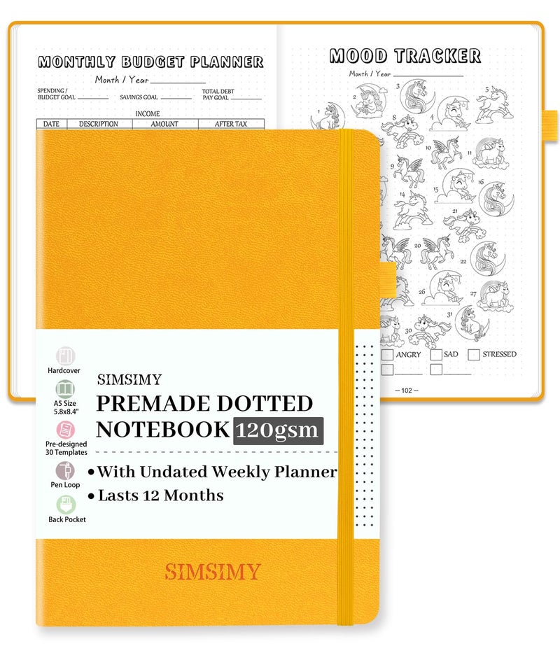 SIMSIMY Premade Bullet Dotted Journal Notebook, Pre-made Dot Grid Journaling with Undated Weekly & Monthly Planner, Various Trackers, Lasts 1 Year, A5 - Image 1