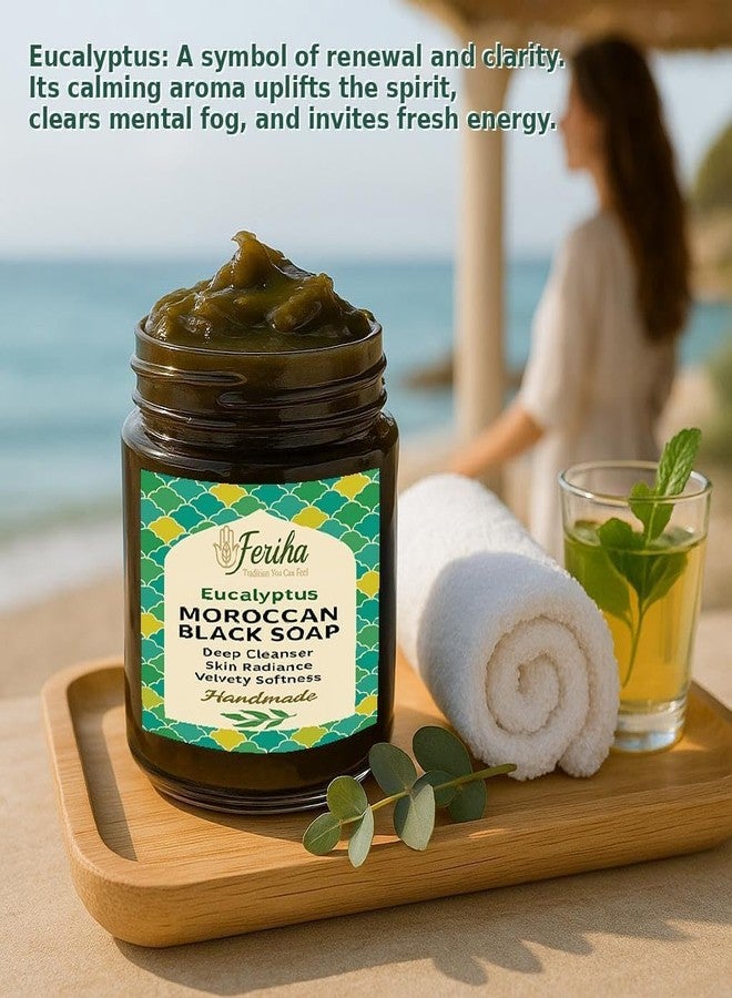 FERIHA Moroccan Black Soap Hammam with Eucalyptus – Exfoliating Beldi Spa Paste, Natural Olive Cleanser, Body Scrub & Deep Skin Cleanser – 7oz (Made in Morocco) - Image 2