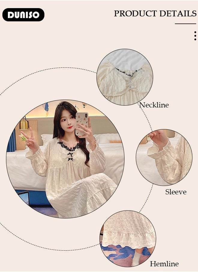 DUNISO Women's Long Sleeve Nightgown, Soft Comfortable Cotton Sleepwear Dress, Ventilate V Neck Home Wear with Brassiere Pad, Lounge Dress for Can Be Worn Outside  - Image 2