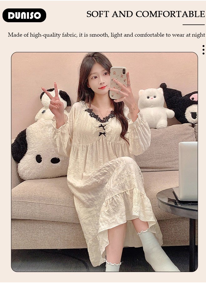 DUNISO Women's Long Sleeve Nightgown, Soft Comfortable Cotton Sleepwear Dress, Ventilate V Neck Home Wear with Brassiere Pad, Lounge Dress for Can Be Worn Outside  - Image 3