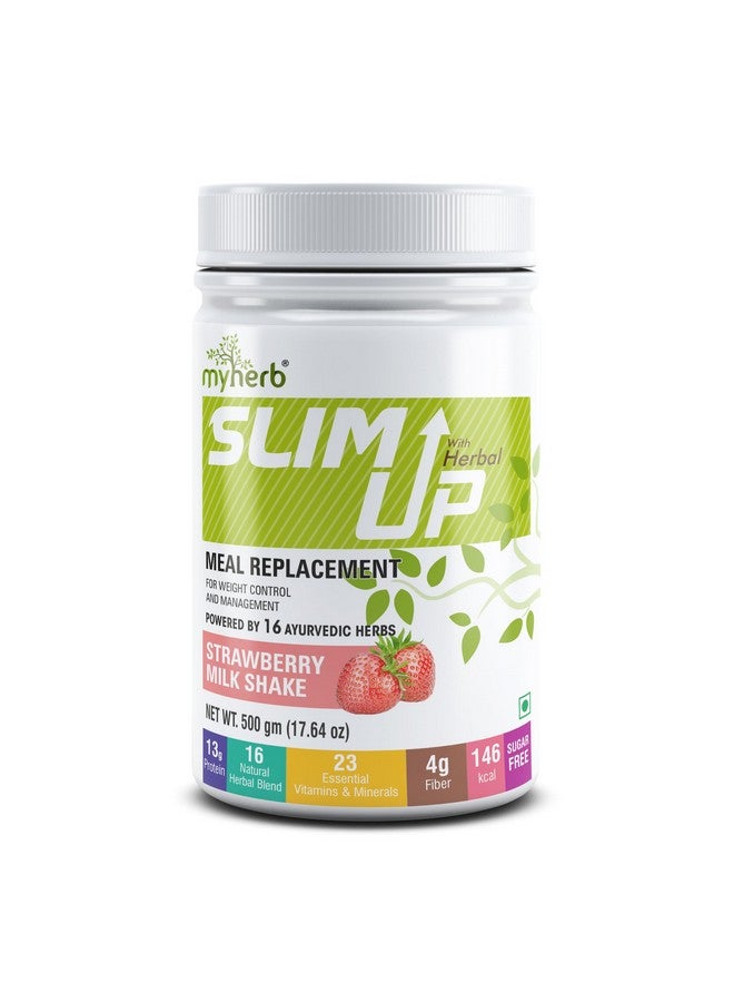 MYHERB Slim Up Meal Replacement Shake With 16 Natural Herbal Blend (Ayurvedic Formula) For Weight Control&Management-13.5g Protein-23 Vitamins For Men&Women (Strawberry Milk Shake, 500 gm) - Image 1