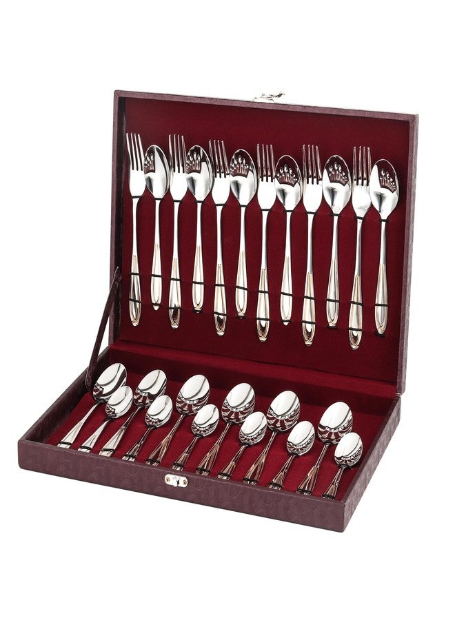 FnS Classic Stainless Steel 24 Karat Gold Plated 24 Pcs Cutlery Set with Leatherette Box, 6 Dinner Spoons, 6 Dinner Forks, 6 Tea Spoons, 6 Baby Spoons, Elegant Design, Durable, Gold Finish - Image 1