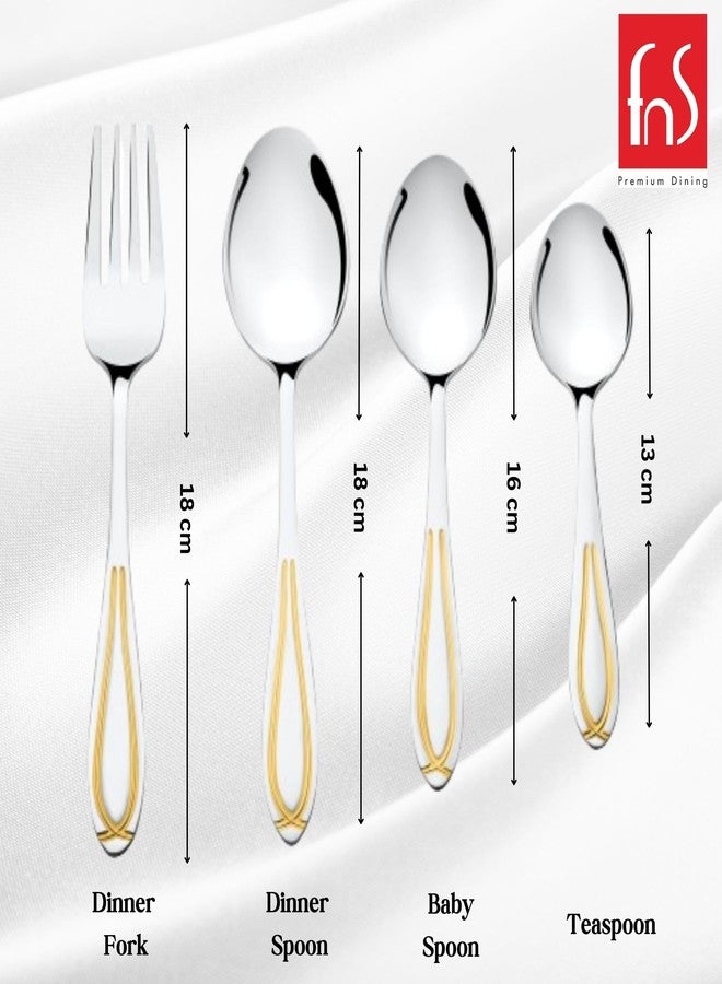 FnS Classic Stainless Steel 24 Karat Gold Plated 24 Pcs Cutlery Set with Leatherette Box, 6 Dinner Spoons, 6 Dinner Forks, 6 Tea Spoons, 6 Baby Spoons, Elegant Design, Durable, Gold Finish - Image 3