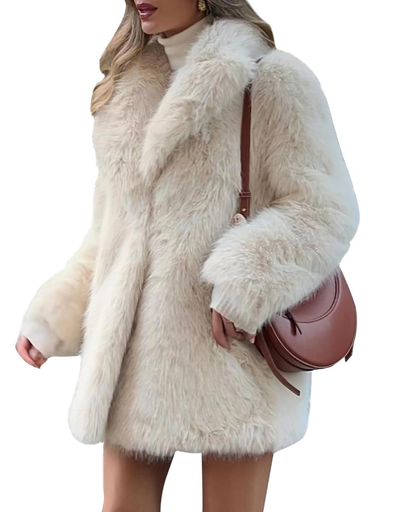 PEHMEA Women's Mid-Length Faux Fur Coats Winter Warm Fuzzy Jackets Long Sleeve Lapel Fashion Casual Fluffy Shaggy Parka Coat(Beige-M) - Image 1