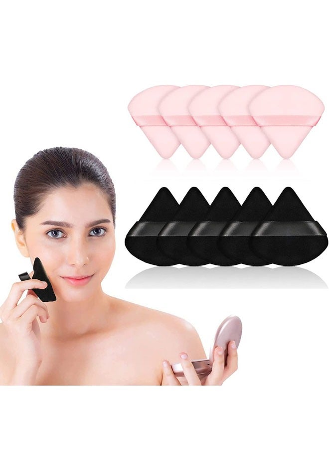 Soft Triangle Powder Puffs for Loose Mineral Body Powder - Set of 10 Pcs - Makeup Tool with Strap - Black and Pink - Ultra Soft and Gentle on Skin - Image 1