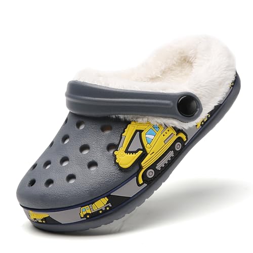 SECHRITE Kids Fur Lined Clogs Garden Shoes for Boys Girls Toddler Cartoon Slip On Mules Slides Sandals with Removable Fleece Lined Winter Warm Indoor Outdoor Home Slippers Non-Slip Sole Grey 30 - Image 1