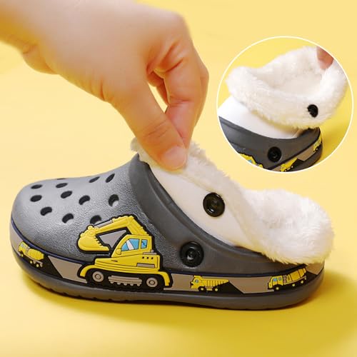 SECHRITE Kids Fur Lined Clogs Garden Shoes for Boys Girls Toddler Cartoon Slip On Mules Slides Sandals with Removable Fleece Lined Winter Warm Indoor Outdoor Home Slippers Non-Slip Sole Grey 30 - Image 3