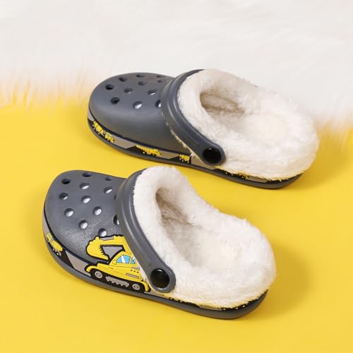 SECHRITE Kids Fur Lined Clogs Garden Shoes for Boys Girls Toddler Cartoon Slip On Mules Slides Sandals with Removable Fleece Lined Winter Warm Indoor Outdoor Home Slippers Non-Slip Sole Grey 30 - Image 4