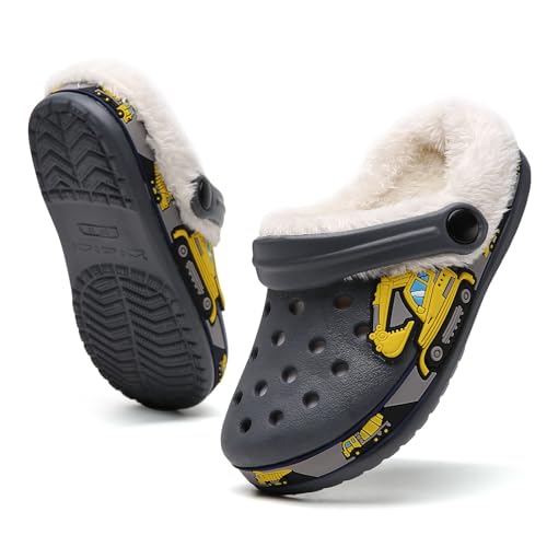 SECHRITE Kids Fur Lined Clogs Garden Shoes for Boys Girls Toddler Cartoon Slip On Mules Slides Sandals with Removable Fleece Lined Winter Warm Indoor Outdoor Home Slippers Non-Slip Sole Grey 30 - Image 5