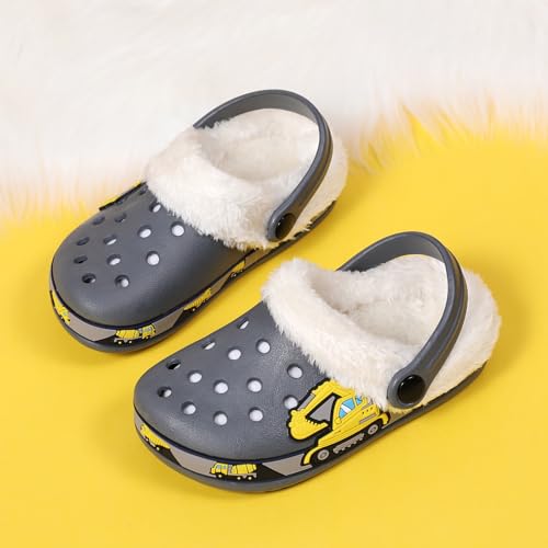 SECHRITE Kids Fur Lined Clogs Garden Shoes for Boys Girls Toddler Cartoon Slip On Mules Slides Sandals with Removable Fleece Lined Winter Warm Indoor Outdoor Home Slippers Non-Slip Sole Grey 30 - Image 2