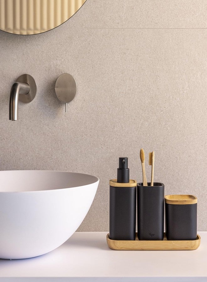 Vigar Zense Cool Black Hand Soap Dispenser, Refillable Pump Bottle Dispenser for Kitchen, Bathroom Soap Dispenser, 11.8 oz, Fine Polyresin Stone, Bamboo - Image 2