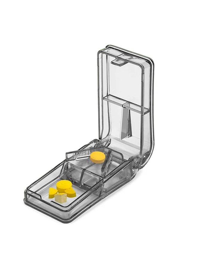 Gray Adjustable Pill Cutter With Precision Blades Storage Compartment For Vitamins And Medication - Image 1