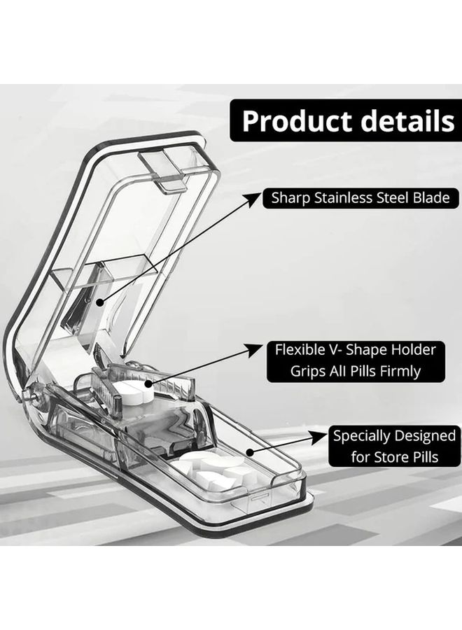 Gray Adjustable Pill Cutter With Precision Blades Storage Compartment For Vitamins And Medication - Image 4