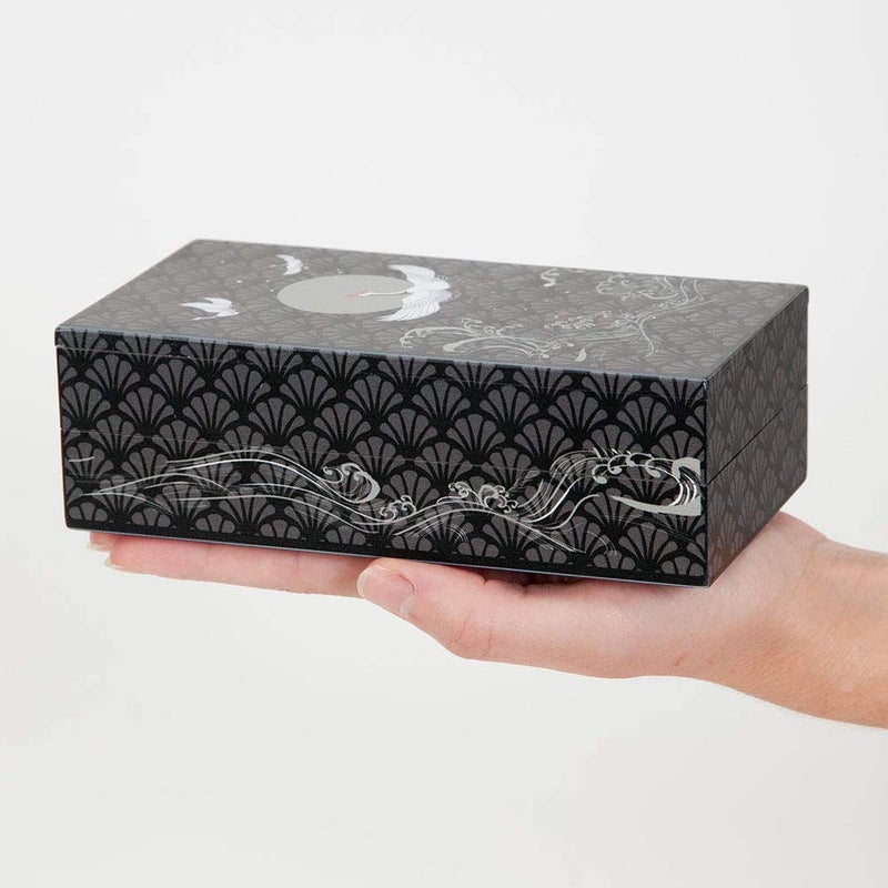 Bits and Pieces 10 Step Secret Puzzle Box Japanese Crane Puzzle Gift Box for Trinkets Money Gifts Jewelry, Full Moon and Lotus Flowers Artwork, Black and Grey Brainteaser, 3.25 x 6.25 x 2 Inches - Image 2