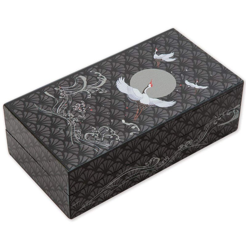 Bits and Pieces 10 Step Secret Puzzle Box Japanese Crane Puzzle Gift Box for Trinkets Money Gifts Jewelry, Full Moon and Lotus Flowers Artwork, Black and Grey Brainteaser, 3.25 x 6.25 x 2 Inches - Image 1