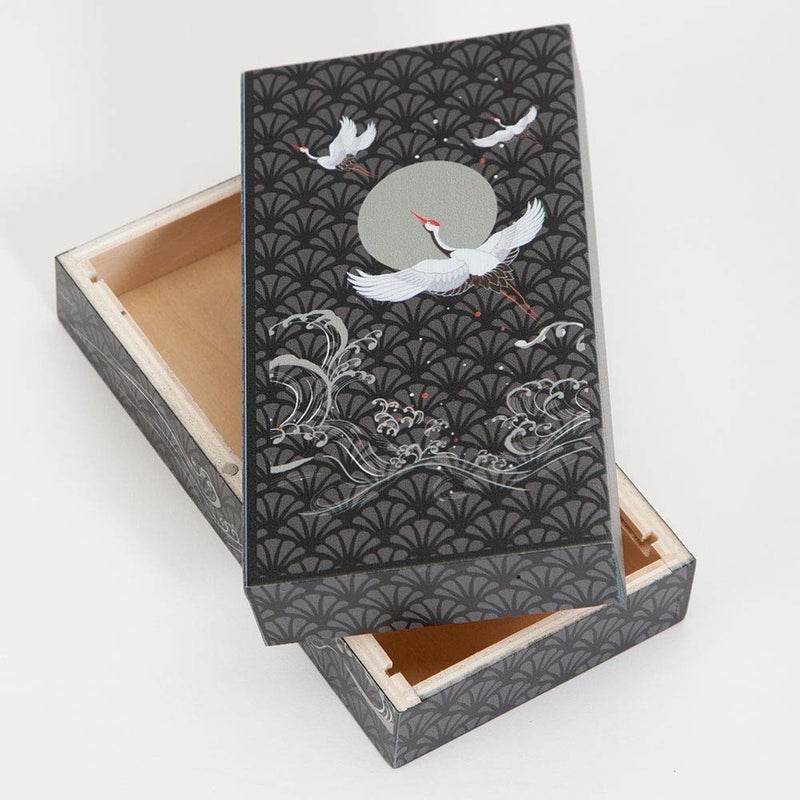 Bits and Pieces 10 Step Secret Puzzle Box Japanese Crane Puzzle Gift Box for Trinkets Money Gifts Jewelry, Full Moon and Lotus Flowers Artwork, Black and Grey Brainteaser, 3.25 x 6.25 x 2 Inches - Image 5