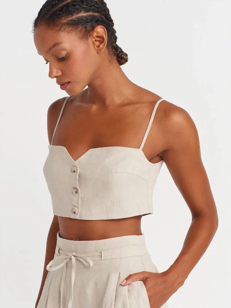 ديلفين Dilvin Strapless Crop Linen Blend Corset Top