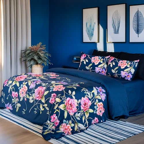 RUSTIQUE LINENS | Digitally Printed with Reactive Ink Tech | 300 TC 100% Organic Cotton Queen Premium Bedsheet Set | Ultra-Soft Satin-Like Finish | Floral Ocean Dusk - Image 1