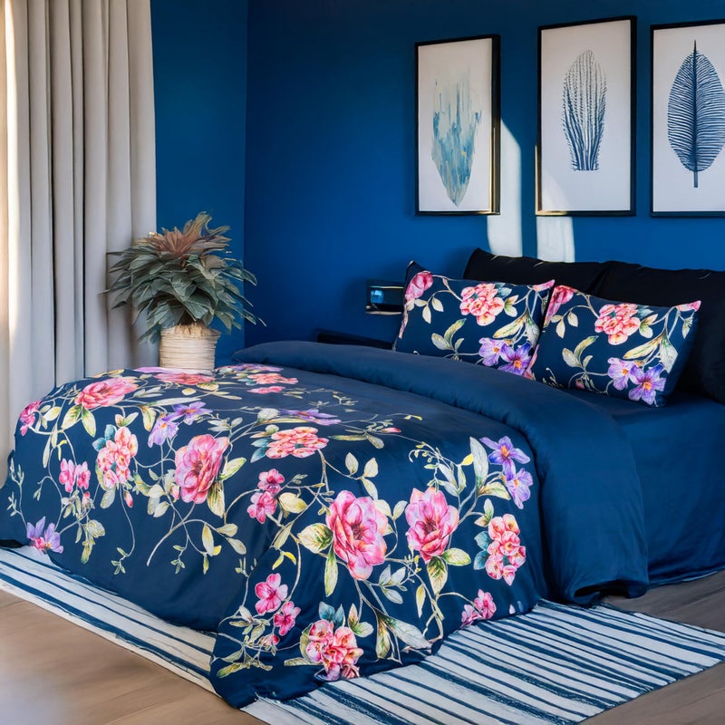RUSTIQUE LINENS | Digitally Printed with Reactive Ink Tech | 300 TC 100% Organic Cotton Queen Premium Bedsheet Set | Ultra-Soft Satin-Like Finish | Floral Ocean Dusk - Image 5