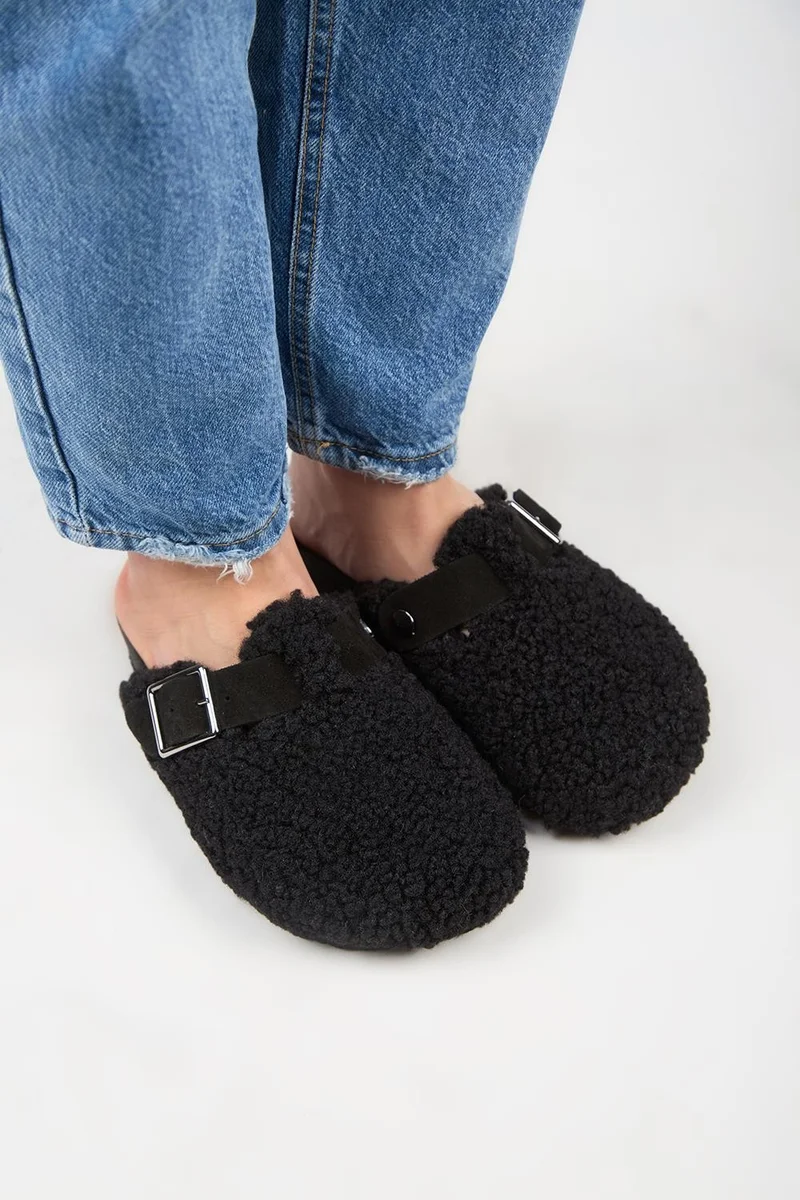 Manijero Manijero Suzen Women's Genuine Leather Tedy Black Slippers with Belt