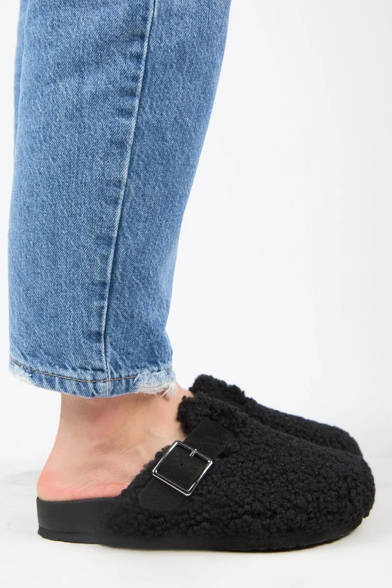 Manijero Manijero Suzen Women's Genuine Leather Tedy Black Slippers with Belt