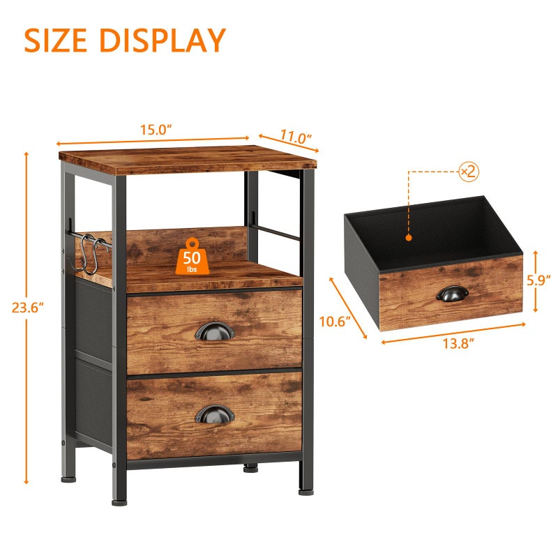 Furologee Nightstand with 2 Fabric Drawers, Night Stand with 2-Tier Shelf, Bedside Table with Hooks, Open Wooden Shelf, End Table for Bedroom, Backboard Design, Metal Frame, Rustic Brown - Image 2
