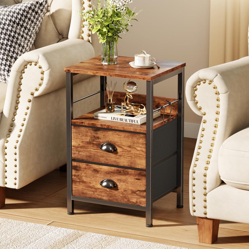 Furologee Nightstand with 2 Fabric Drawers, Night Stand with 2-Tier Shelf, Bedside Table with Hooks, Open Wooden Shelf, End Table for Bedroom, Backboard Design, Metal Frame, Rustic Brown - Image 3