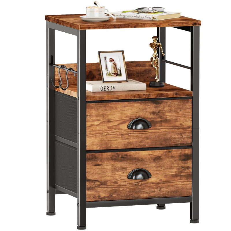 Furologee Nightstand with 2 Fabric Drawers, Night Stand with 2-Tier Shelf, Bedside Table with Hooks, Open Wooden Shelf, End Table for Bedroom, Backboard Design, Metal Frame, Rustic Brown - Image 1