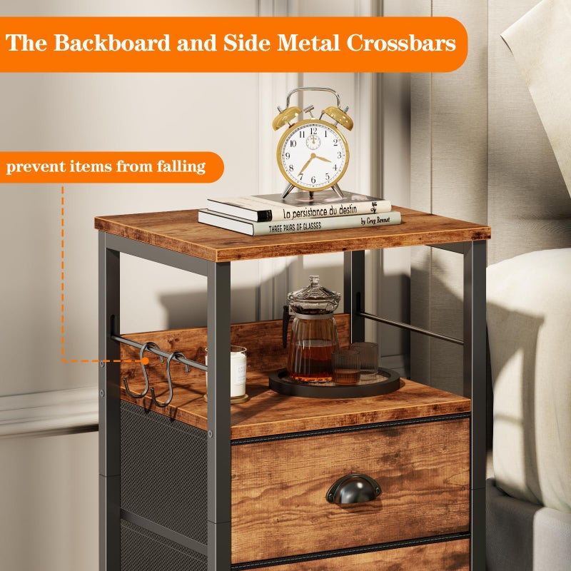 Furologee Nightstand with 2 Fabric Drawers, Night Stand with 2-Tier Shelf, Bedside Table with Hooks, Open Wooden Shelf, End Table for Bedroom, Backboard Design, Metal Frame, Rustic Brown - Image 4