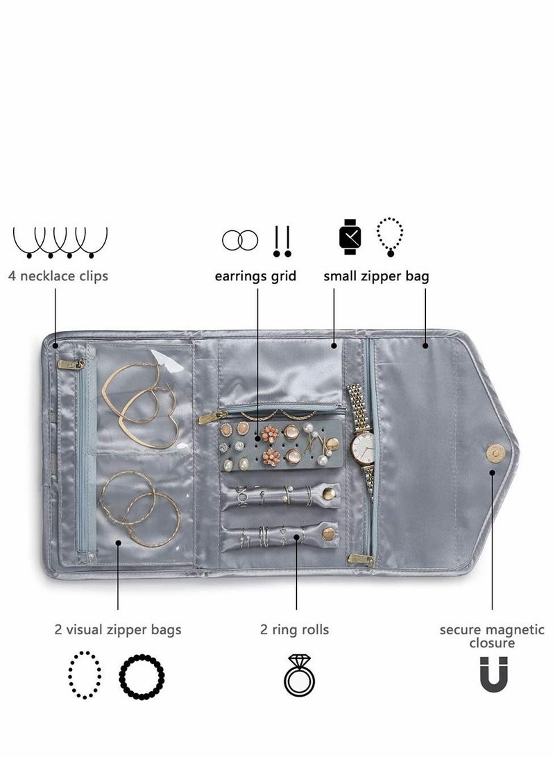 Excefore لفافات المجوهرات، منظم للسفر، علبة قابلة للطي للخواتم والقلائد والأقراط والأساور والساعات والدبابيس، رمادي - Image 3