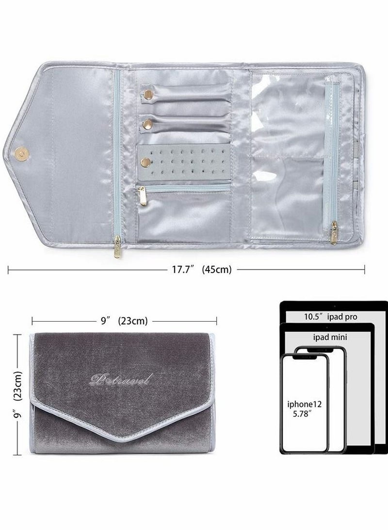 Excefore لفافات المجوهرات، منظم للسفر، علبة قابلة للطي للخواتم والقلائد والأقراط والأساور والساعات والدبابيس، رمادي - Image 4