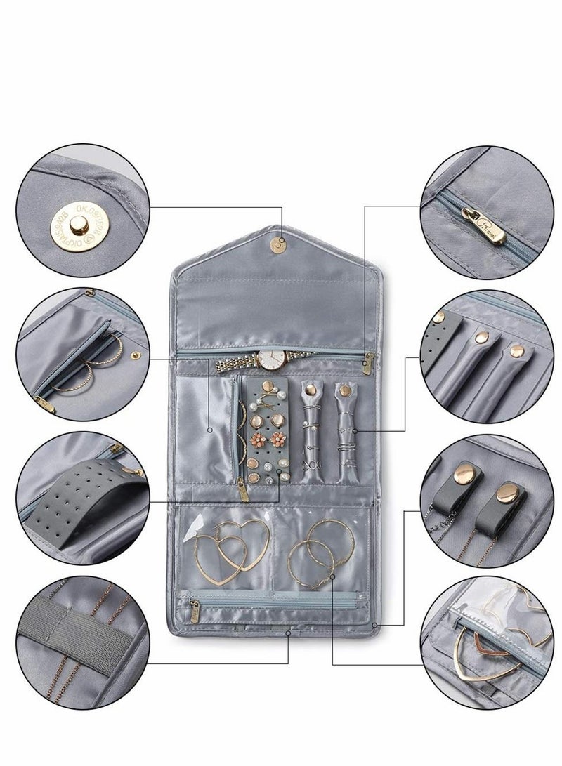 Excefore لفافات المجوهرات، منظم للسفر، علبة قابلة للطي للخواتم والقلائد والأقراط والأساور والساعات والدبابيس، رمادي - Image 2