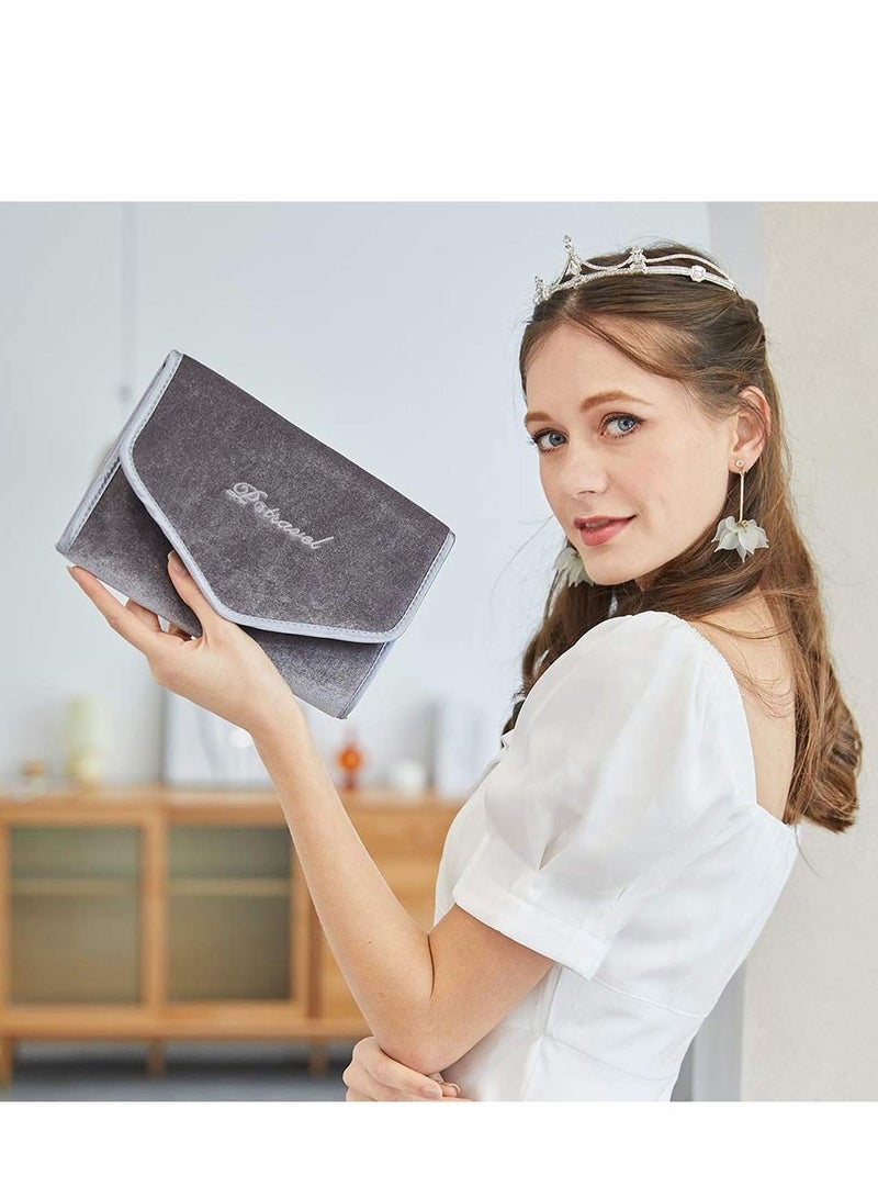 Excefore لفافات المجوهرات، منظم للسفر، علبة قابلة للطي للخواتم والقلائد والأقراط والأساور والساعات والدبابيس، رمادي - Image 5