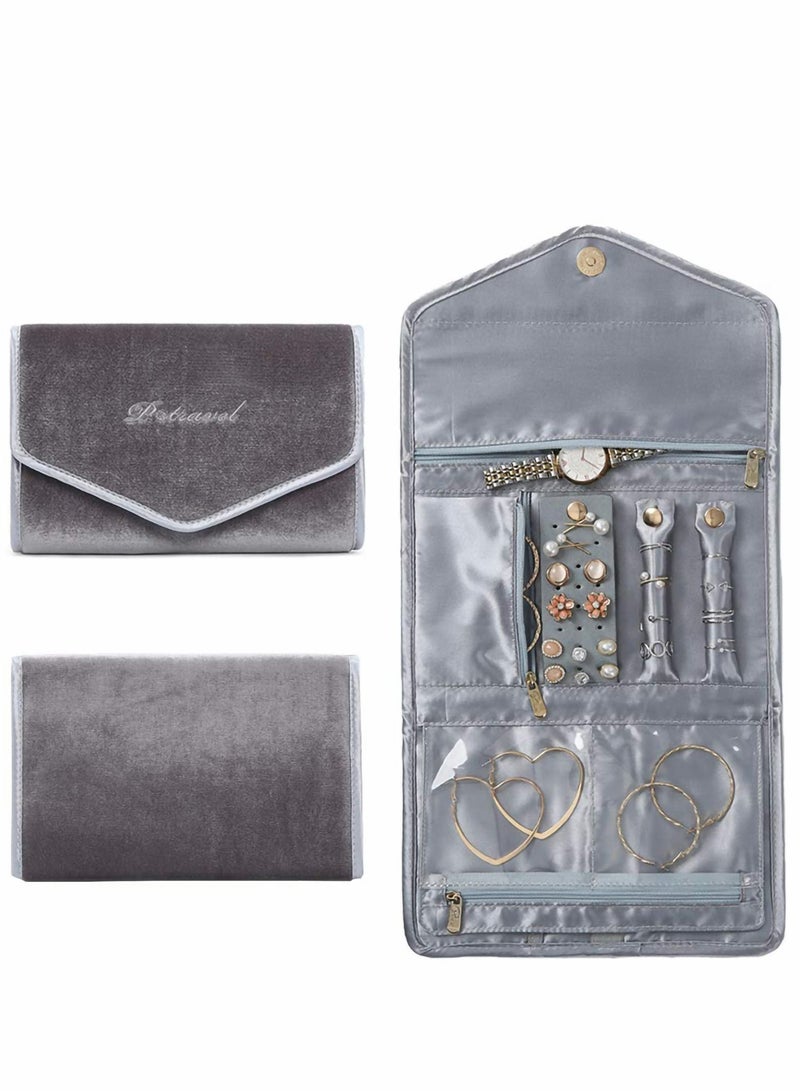 Excefore لفافات المجوهرات، منظم للسفر، علبة قابلة للطي للخواتم والقلائد والأقراط والأساور والساعات والدبابيس، رمادي - Image 1