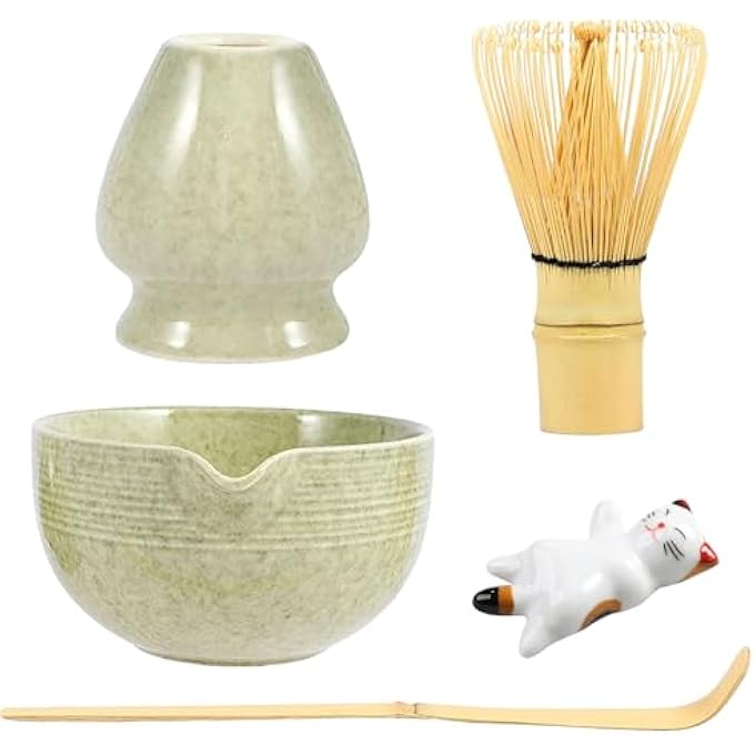 rayihni 5Pcs Matcha Tea SetBamboo Matcha Whisk Set With Scoop And Ceramic Whisk Holder 500Ml Pouring Spout Bowl With A CatShaped Tea RestJapanese Matcha Kit For Beginners And Tea Lovers - Image 1