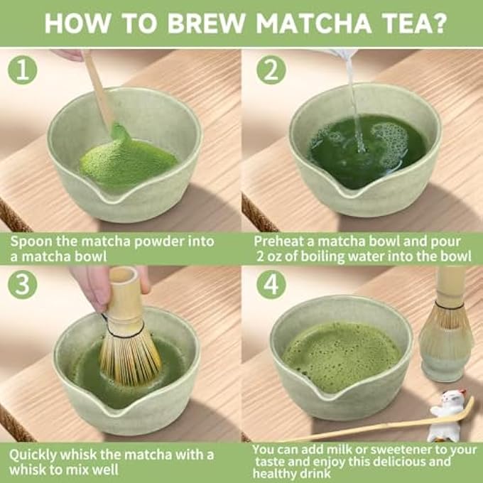 rayihni 5Pcs Matcha Tea SetBamboo Matcha Whisk Set With Scoop And Ceramic Whisk Holder 500Ml Pouring Spout Bowl With A CatShaped Tea RestJapanese Matcha Kit For Beginners And Tea Lovers - Image 5