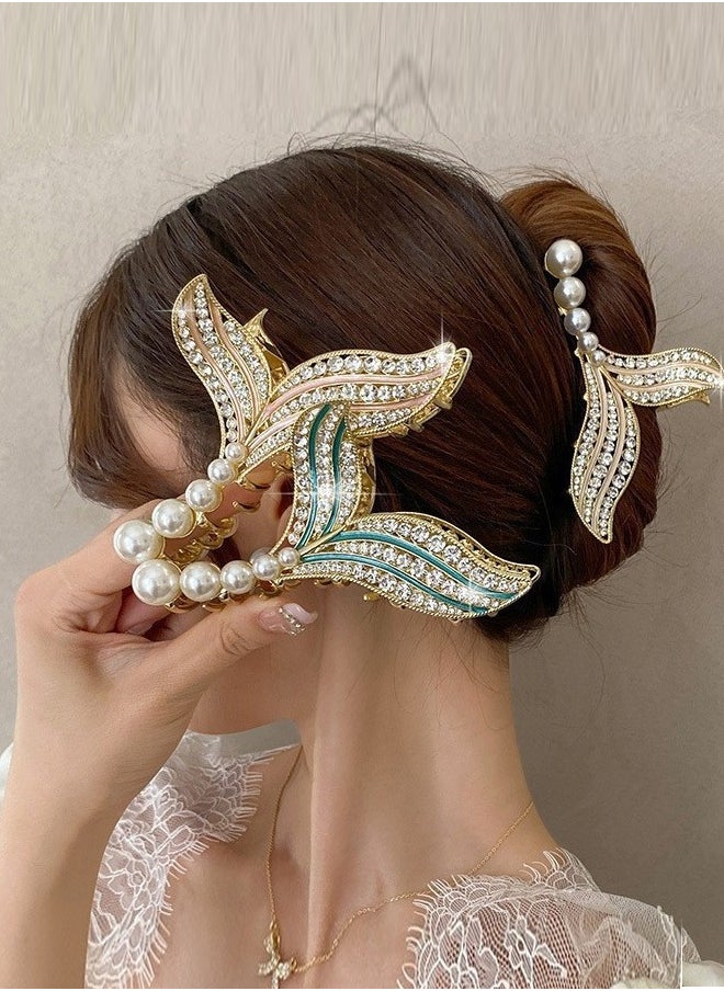 Al Aoyama - 3pcs Elegant Rhinestone Metal Hair Clip Claw Large Mermaid Tail Advanced Pearl Alloy Shark Clip For Women Fish Tail Hair Accessories - Image 1